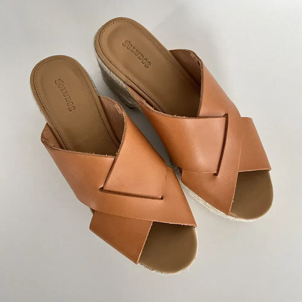 Soludos Leather Platform Cross Strap Open-toe Espadrilles Tan 9